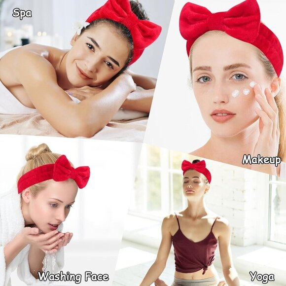 10 Pcs Red Fleece Makeup Headbands Soft Bow Hair Bands for Face Washing Yoga